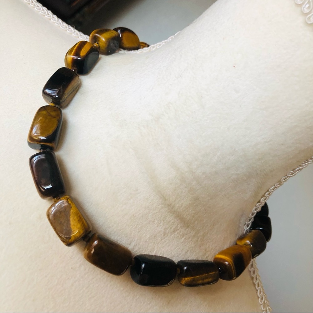 Vintage chunky polished genuine tiger eye stone 925 necklace